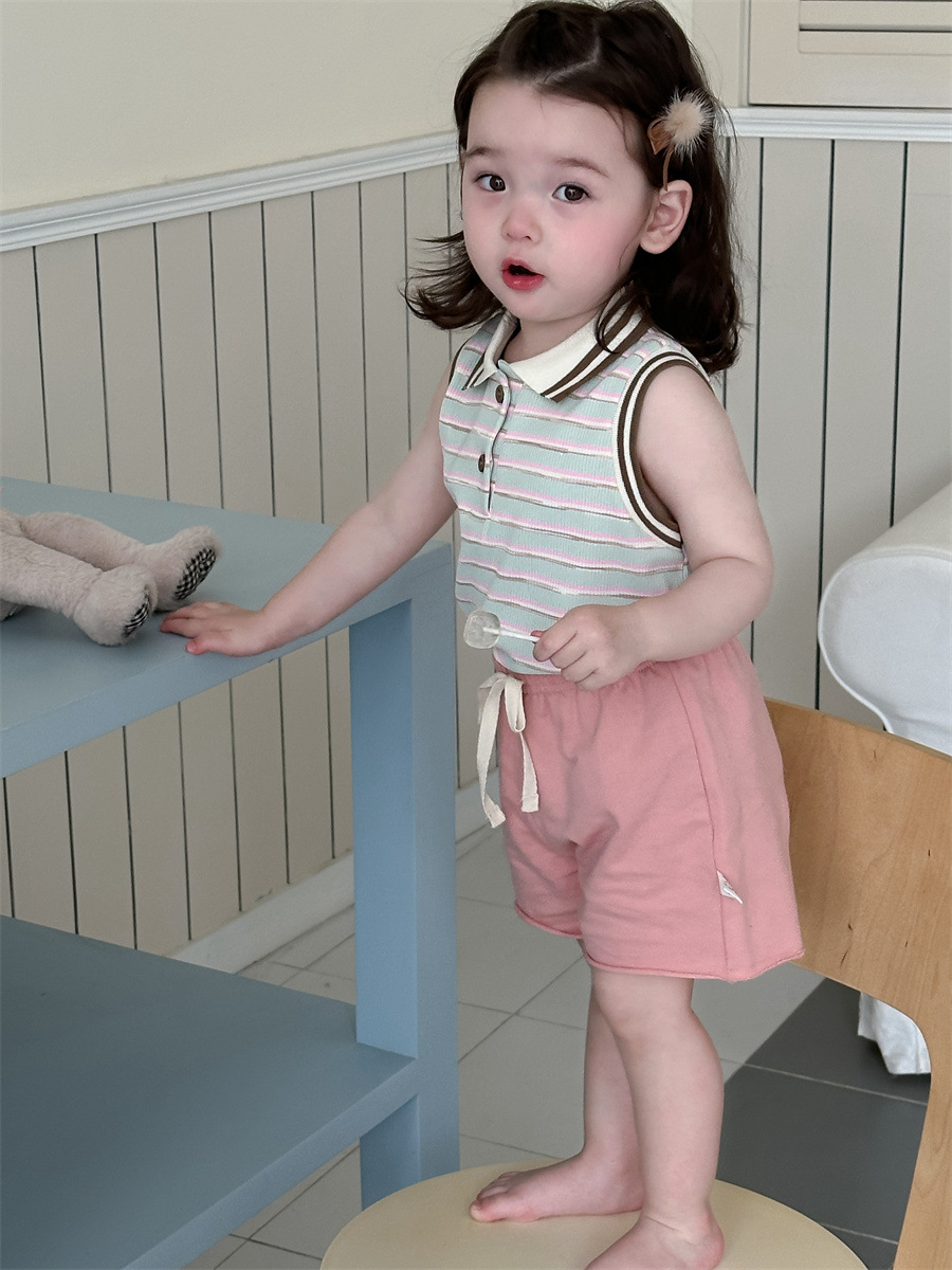 Chaleco a rayas para niñas set de pantalones cortos delgados ropa infantil coreana 2026 verano nuevo ropa de verano infantil ropa de bebé image 5