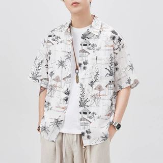 夏季新款薄款夏威夷莱赛尔短袖衬衫男宽松大码休闲青年沙滩上衣潮