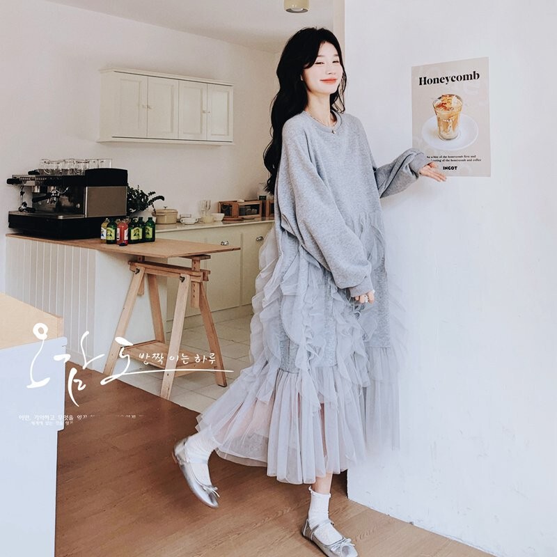 网纱拼接连衣裙女2025秋新款中长款长袖卫衣裙甜美清新长裙子减龄|undefined