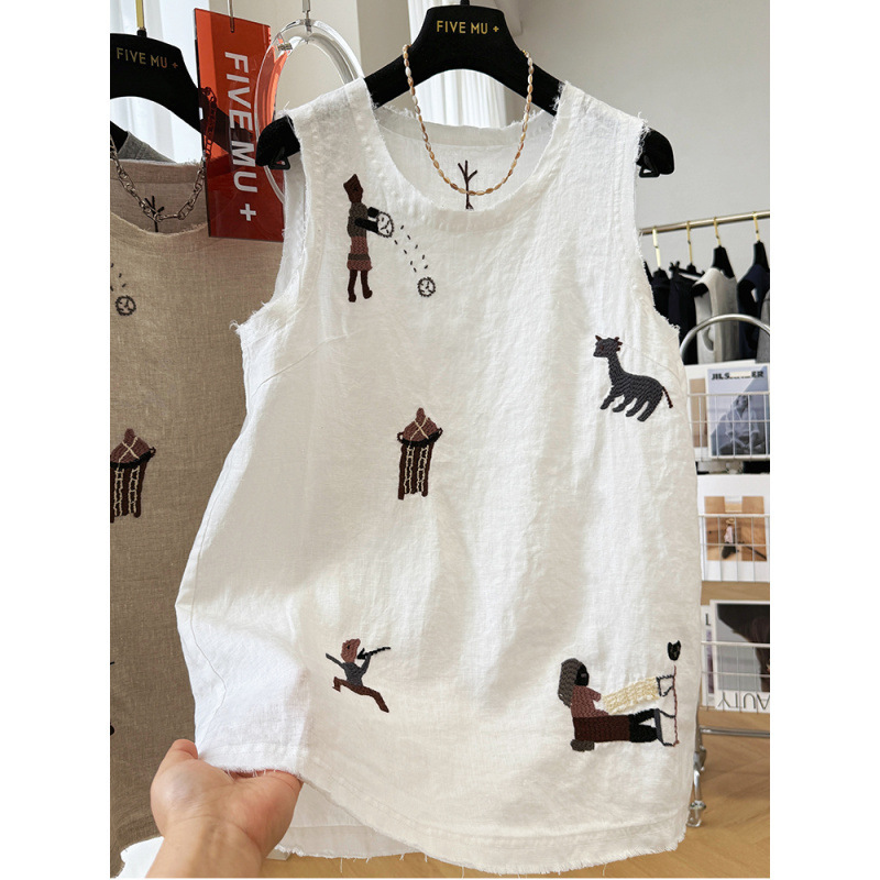高級純綿とリネンのヘビーウェイト刺繍が施された美しいノースリーブトップスと女性用の夏用ミドル丈アウターベスト|undefined