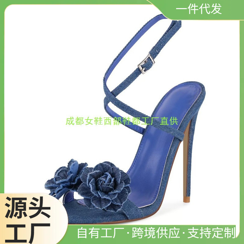 Women's Sky-High Denim Cross-Border Fabric Lace-Up Stiletto High Heels, New European and American Style, Ultra-Fine Fiber