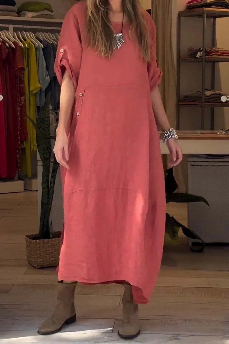 New 2024 women's summer style loose fitting casual solid color short sleeved cotton linen dress_voghion.com