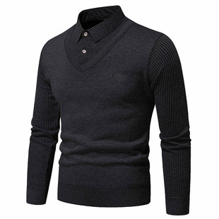 Cross-Border Foreign Trade Winter Men's Sweater Knitwear Base Shirt Slim Casual Warm Fleece Fake Two-Piece Sweater Men