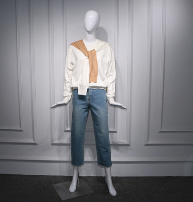 朱鎖鎖倪妮同款拼色披肩綁帶假兩件針織衫上衣牛仔褲