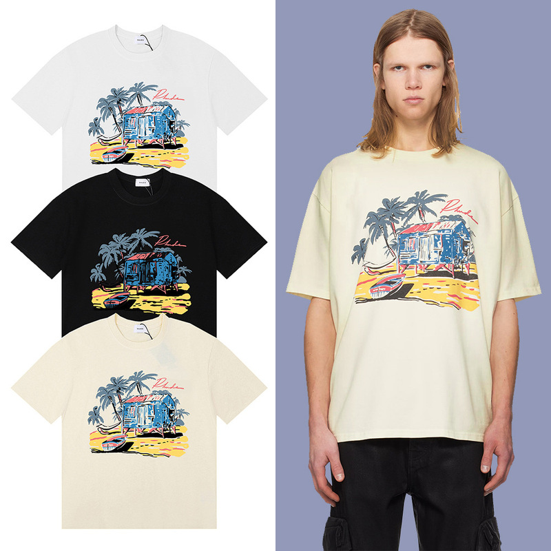 Cross-Border Shipping Rhude Beach-Side Beach Coconut Tree House Print Casual Round Neck Men's and Women's Short-Sleeved T-Shirt