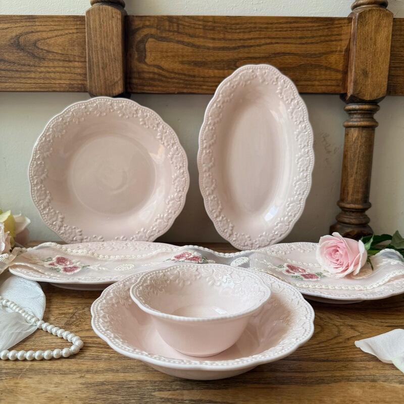 French Secret Garden Beautiful High-grade Powder Embossed Ceramic Tableware Ceramic Plate Ceramic Bowl Dessert Plate Tableware French Secret Garden Beautiful High-grade Powder Embossed Ceramic Tableware Ceramic Plate Ceramic Bowl Dessert Plate Tableware