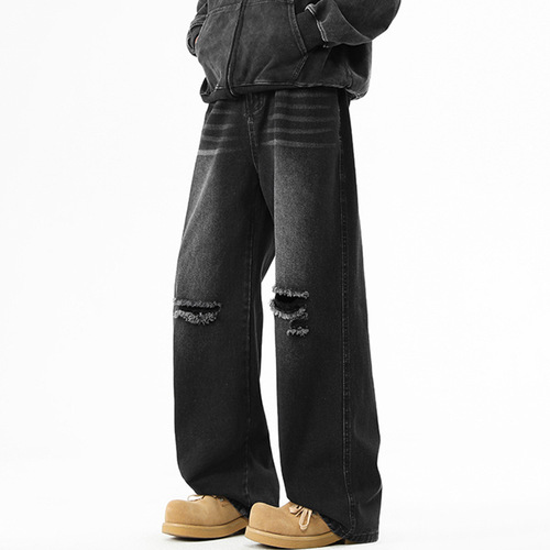 Vintage, broken hole, young and young jeans, men's four-season new style, loose, wide-leg, high-rise, fashionable straight casual long pants