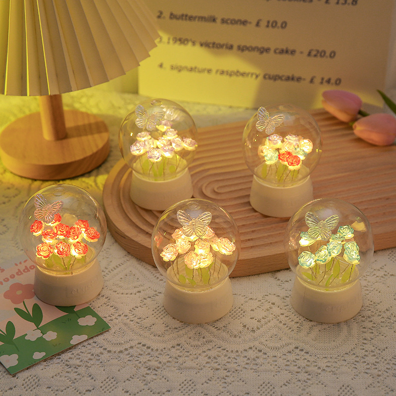 Bola de cristal, flor de rosa, tulipán, luz nocturna, red roja, luz de ambiente de bricolaje, regalo de cumpleaños para novios, día de San Valentín