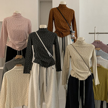 欧玛莱 韩系修身显瘦波点百搭小立领木耳边长袖内搭打底衫T恤5487