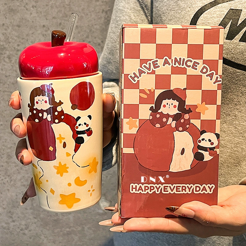 Яблоко, керамическая кофейная кружка с милым соломинкой со стеклом, подарок на день рождения