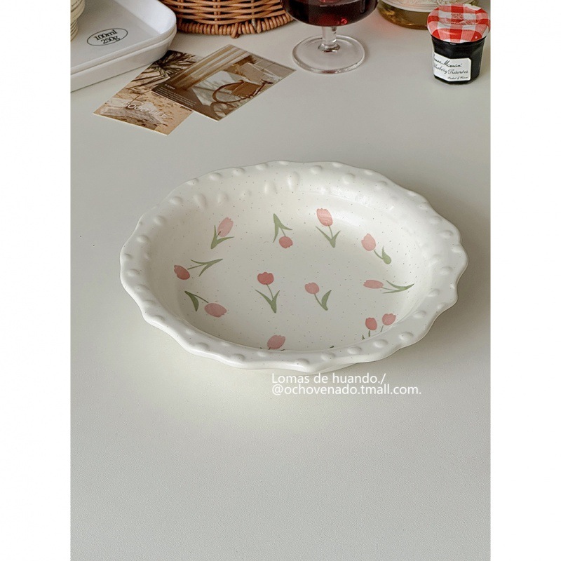 ins風復古花邊釉下彩盤子家用菜盤可愛早餐盤甜品蛋糕盤潑墨韓風