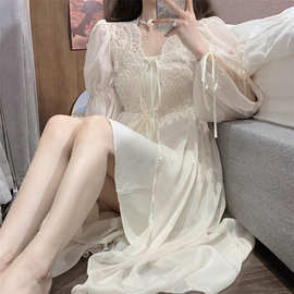 春秋睡衣女复古宫廷风蕾丝开衫仙女礼裙长裙睡裙晨袍两件套家居服