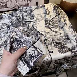 新款冰雪丝长袖长裤套装春秋女款轻奢山水画凉感薄款家居服可外穿