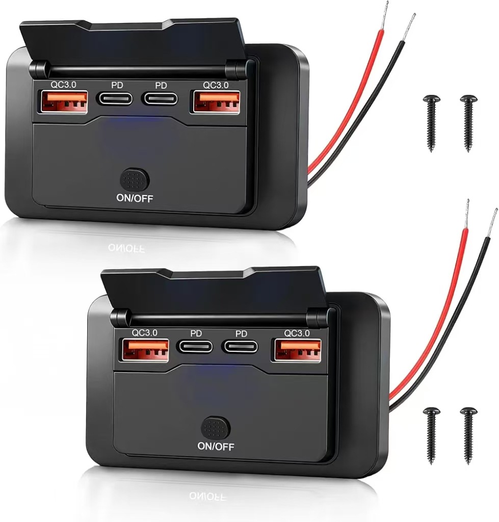 Rv Bus Car Charger Modified to 4-Port Charger, No-Drill Flip Cover with Switch, 12V Modified Pd Car Charger