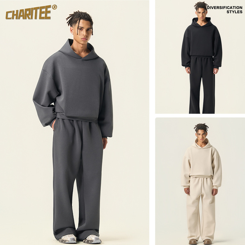 Charitee | American-Style Boxy Cross-Border Trendy Brand Short Wide-Fit Hooded Fog Sweatshirt and Wide-Leg Sweatpants Set
