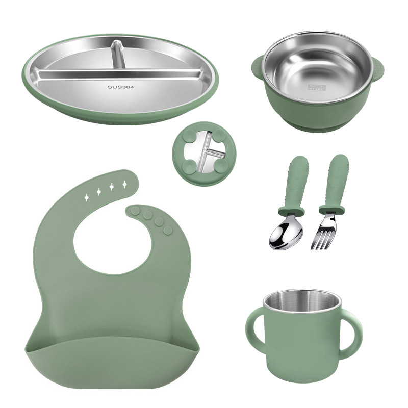 Placa de comedor de acero inoxidable para niños, taza de agua de silicona binaural, taza para beber para bebés de grado alimenticio