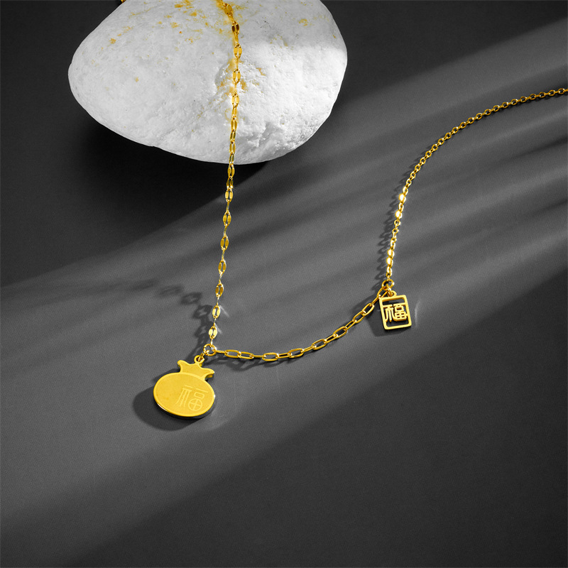 Titanium Steel 18K Gold Plated Chinoiserie Simple Style Plating Hollow Out Chinese Character Pendant Necklace display picture 3