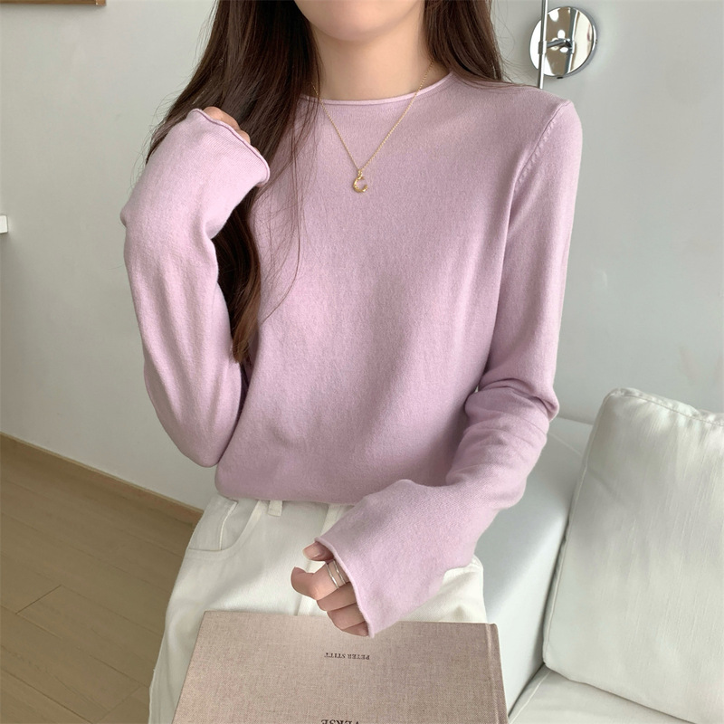 韩版基础款圆领卷边针织衫打底女早秋慵懒风毛衣长袖软糯内搭上衣|undefined