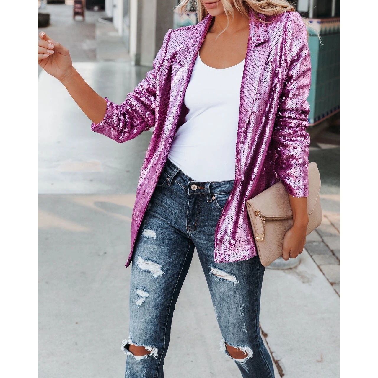Saco Blazer Casual para Mujer con Solapa de Lentejuelas Manga Media para Primavera image 6