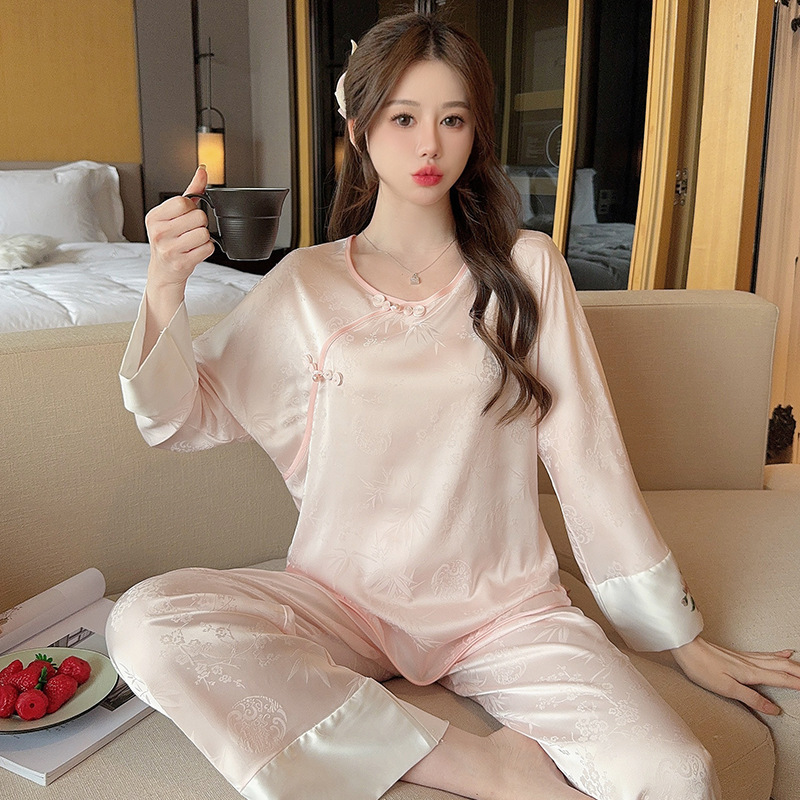 Pajamas Women's Spring and Autumn Antique Home Clothes Two-piece Ice Silk Pajamas Women's Long-sleeved Silk Jacquard Trousers suit Chinese Style