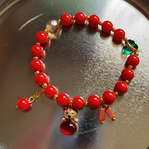 New Year of the Tiger red bead bracelet for women live broadcast imitation red stone crystal sand gold lucky round bead bracelet