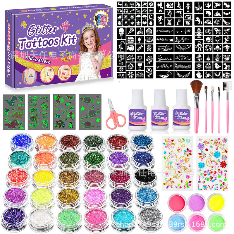 New tattoo glitter powder suit 30 colors glitter powder and 6 colors luminous powder, flash powder makeup temporary tattoo cross-border hot sale
