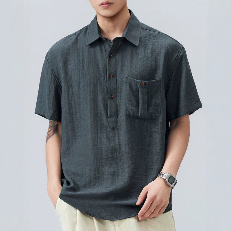 Shanggu Men's Clothing Summer Thin Trendy Brand Linen Turn-Down Collar Short Sleeve Polo Shirt Old Money Style Retro Men's Loose T-Shirt