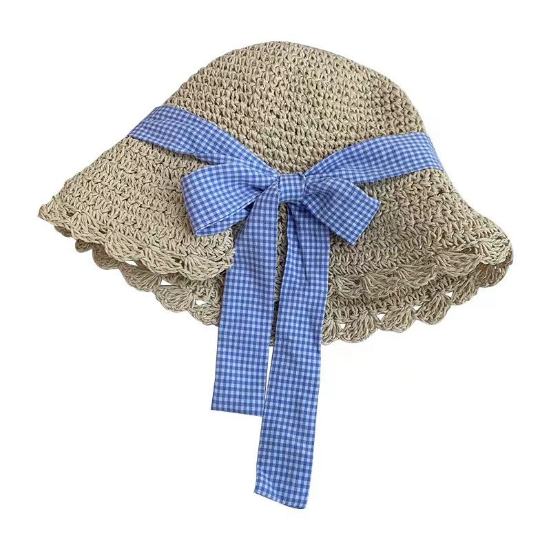 Straw summer beach hat with bow solar-powered, sun protection, beach style