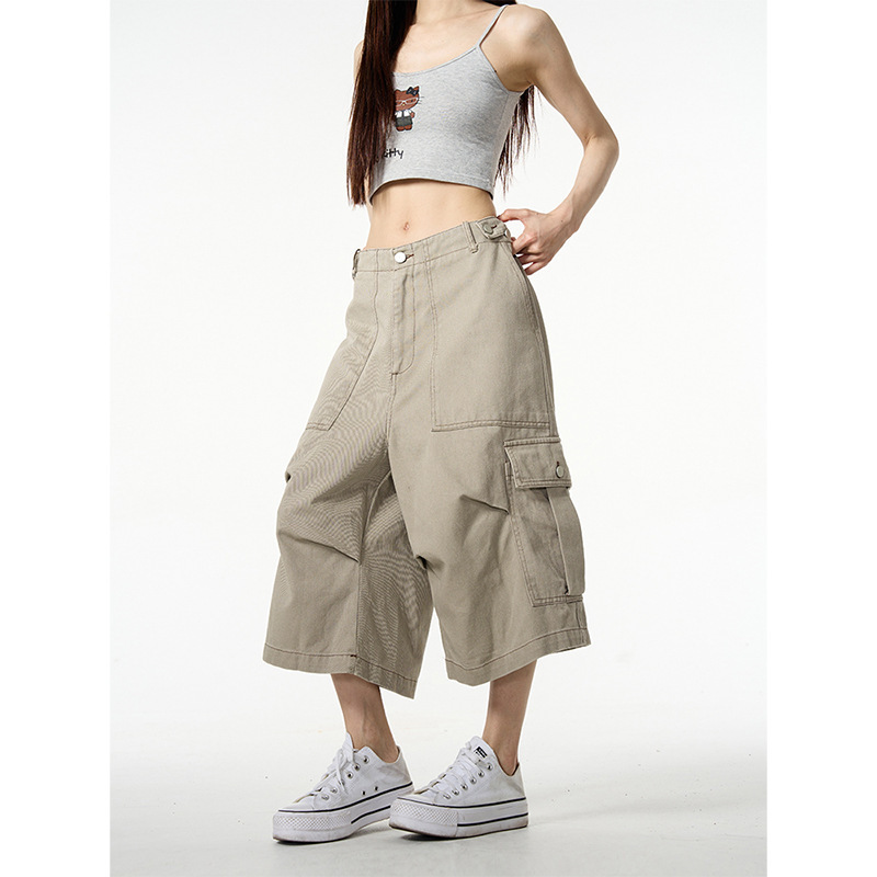 European and American Style Multi-Pocket Cropped Shorts for Men, American Loose Wide-Leg Cargo Pants Trendy