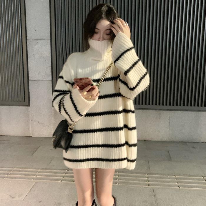Korean Style Lazy Style Knitwear Women's Warm Knitted Knitwear Top Winter High Collar Outer Wear Student Versatile Thick Stripes Loose Korean Style Lazy Style Knitwear Women's Warm Knitted Knitwear Top Winter High Collar Outer Wear Student Versatile Thick Stripes Loose