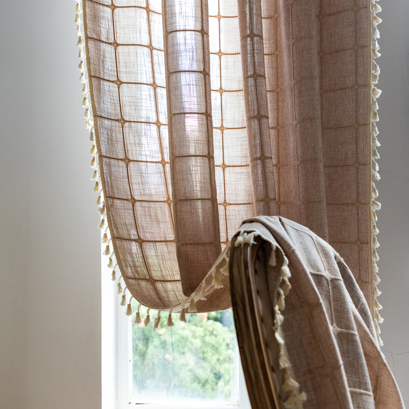 Sien cross-border popular curtain finished product punch-free Rod set American living room bedroom tassel balcony Plaid curtain