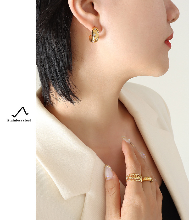 Retro C Shape Titanium Steel Earrings Zircon Stainless Steel Earrings