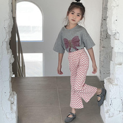 瑜瑜公主 女童夏季新款韓版甜美蝴蝶結印花T恤+滿印微喇褲休閒褲