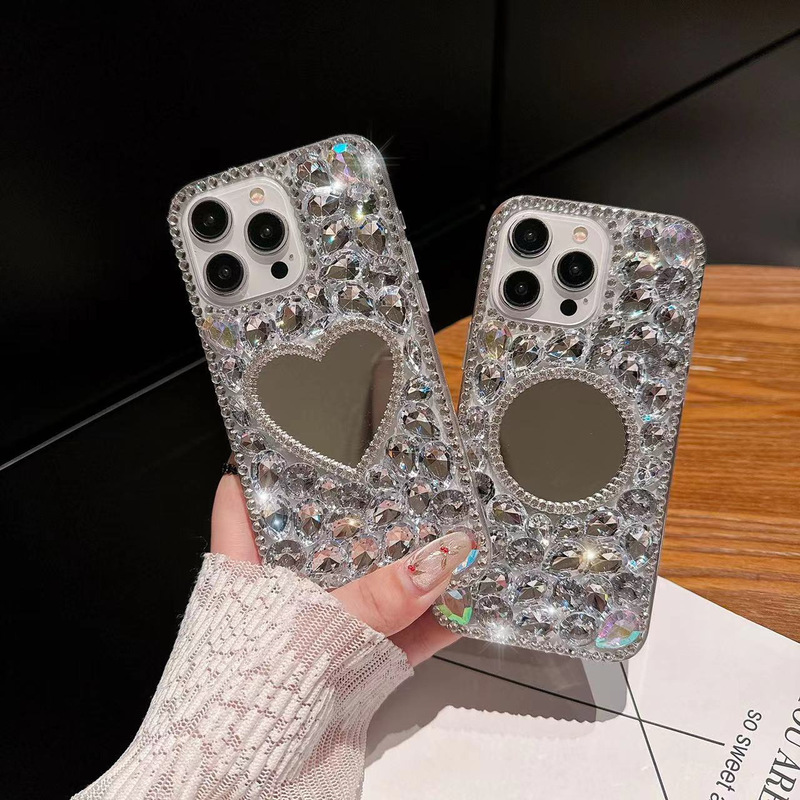 Rhinestone Heart Mirror Iphone15Promax Mobile Phone Case Suitable for Apple 16/17Plus Simple Anti-Fall Soft