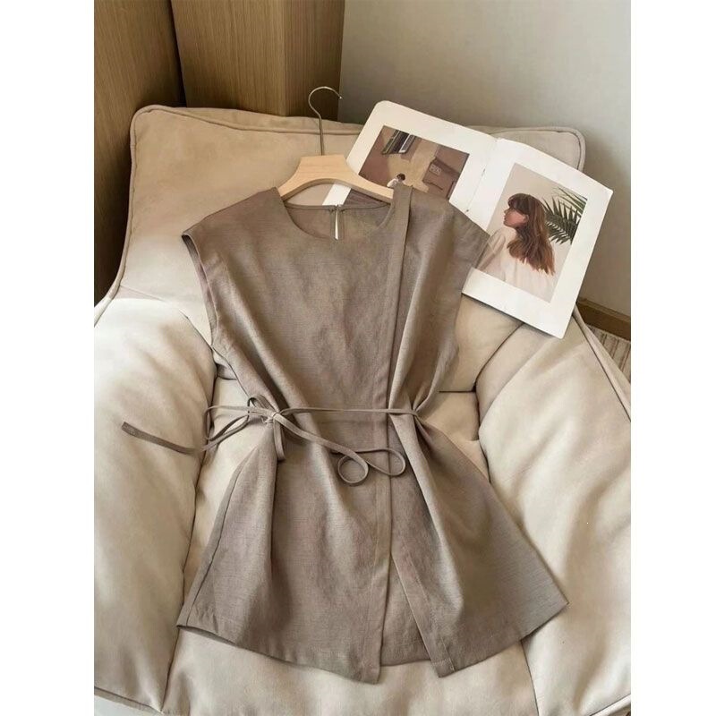 Korean-Style Design, Solid Color, Front Slit, Tie-Waist Shirt for Women, Summer Style, Slimming, Sleeveless Top, Trendy
