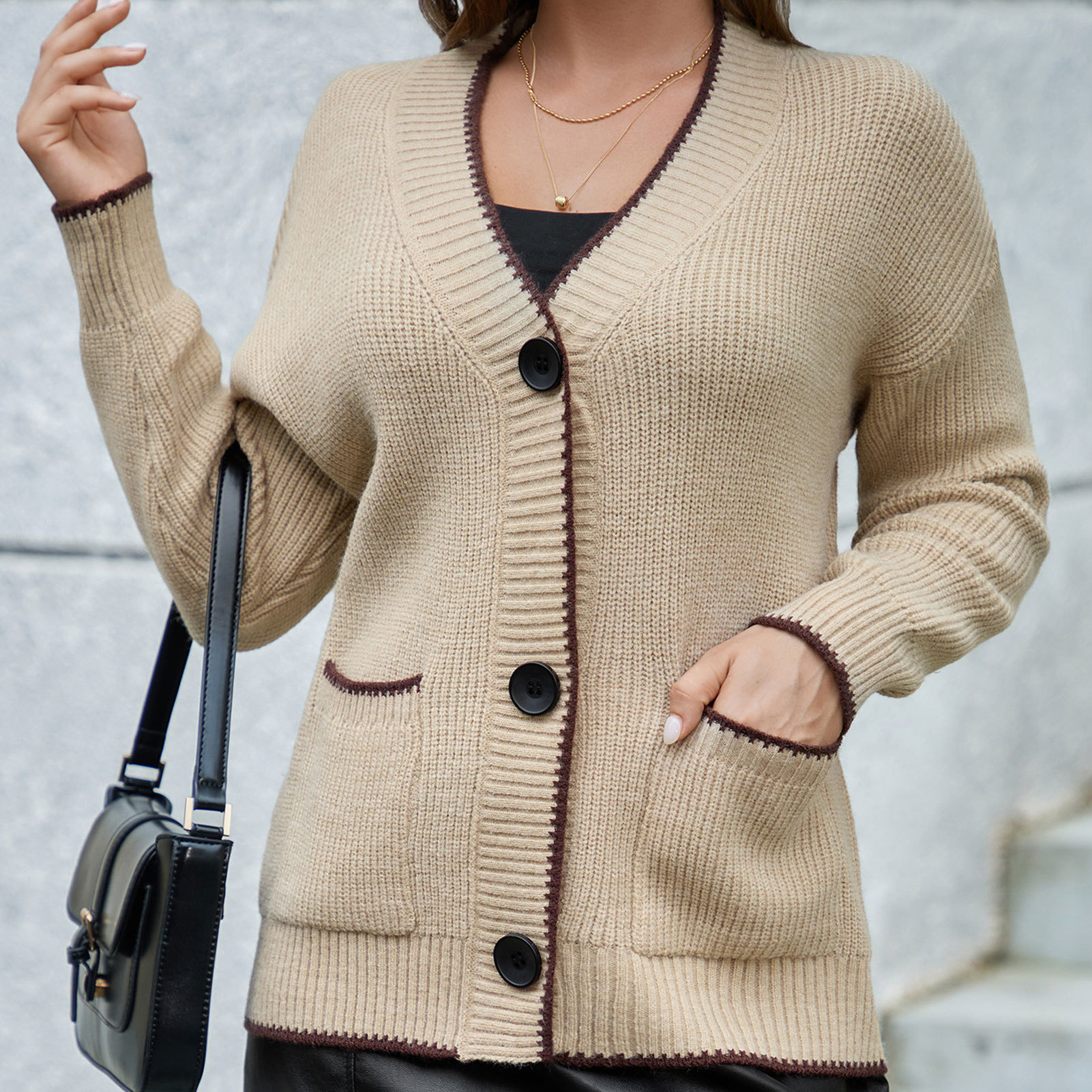Spring and Autumn Casual Versatile Cardigan with Pockets Cross-border Foreign Trade Women's Temperament V-neck Covered Single-breasted Knitted Jacket