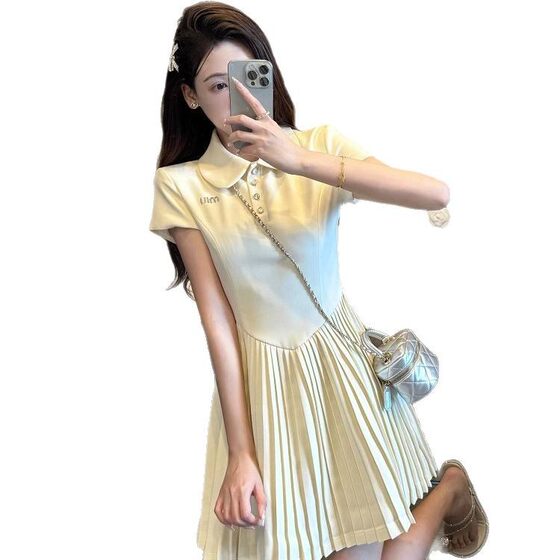 Korean Style Polo Collar Short-sleeved dress Women's 2025 Summer Design Sweet Elegant Slim-fit Stitching Pleated Skirt