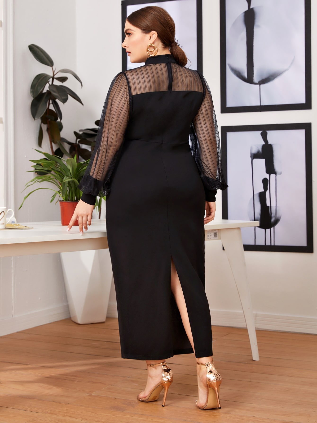 plus size mesh stitching half-high collar see-through bag hip long dress NSCX53368