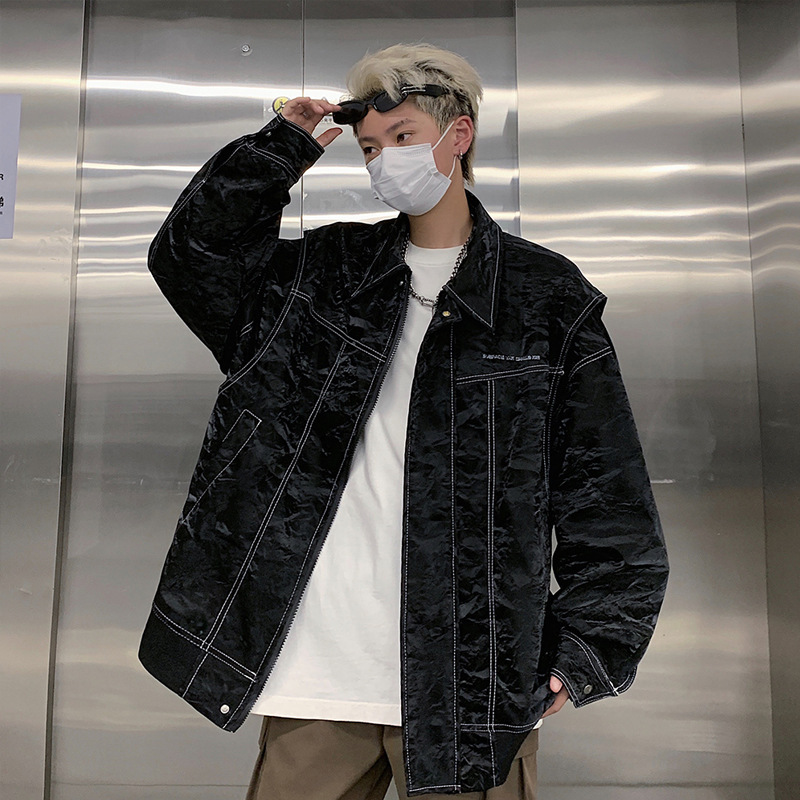 Tie-Dye Fake Two-Piece Leather Jacket Men's Autumn American Style Vintage High Street Biker Suit Spring and Autumn Fashion Brand Brown Jacket