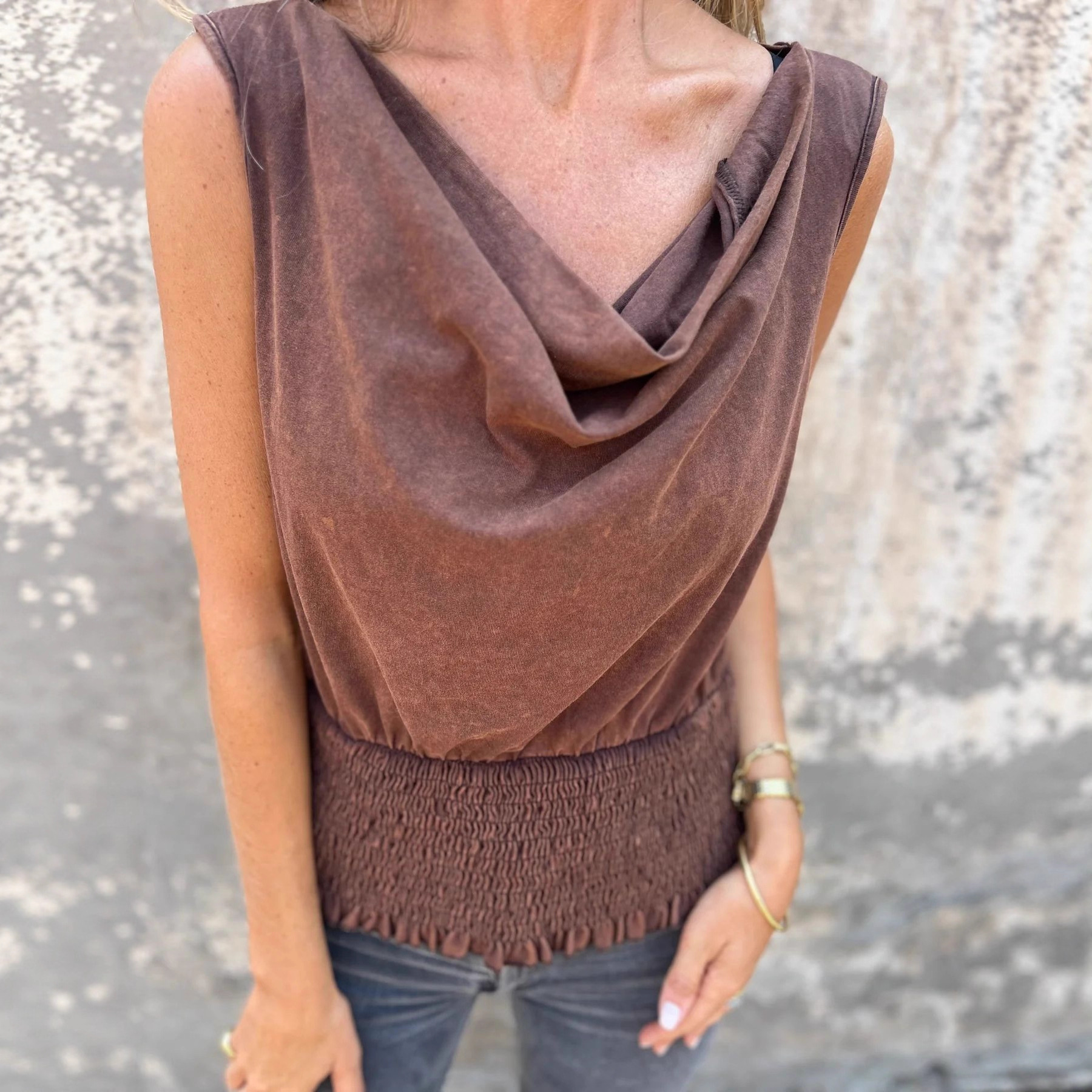 跨境欧美女装春夏新款无袖背心上衣T恤堆堆领松紧腰下摆无袖上衣