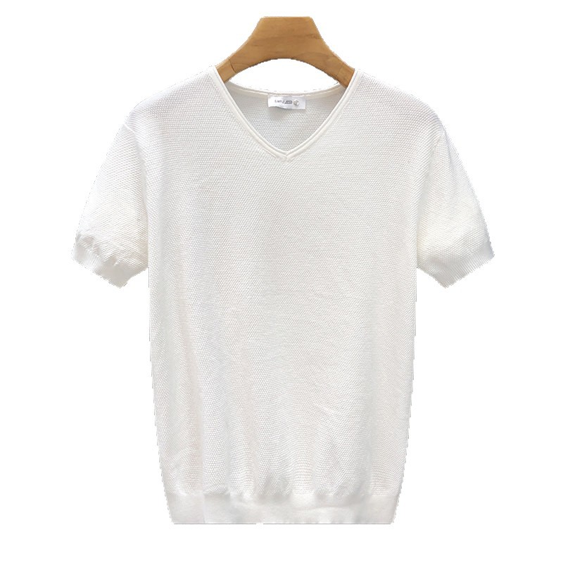 Camiseta de punto de manga corta camiseta elástica hombre V cuello de pollo corazón viejo viento de negocios hielo verano fábrica transfronteriza al por mayor
