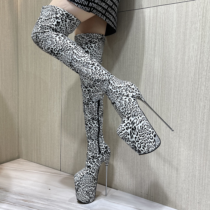Boot nữ cổ cao quá gối họa tiết da báo mũi tròn khóa kéo gót thép 19 cm — Màu trắng chi tiết 3