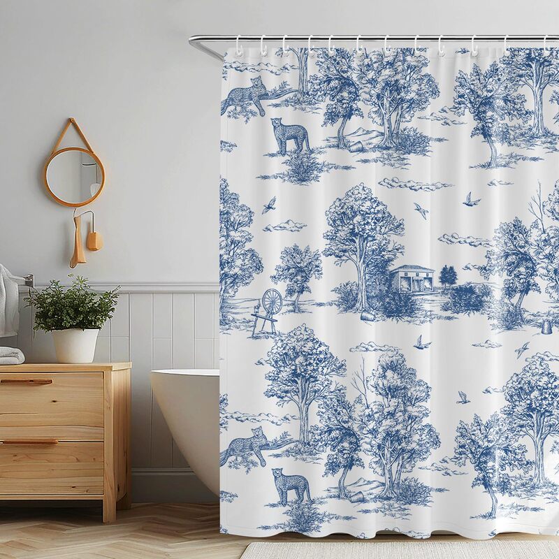 Vintage French Shower Curtain Blue White Fabric Bathroom Shower Curtain Farmhouse French Country Bathroom Curtain with Hooks