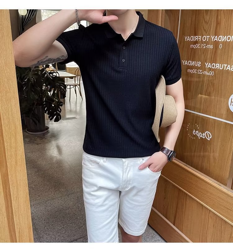 Camicia in polp intrecciato a righe estive 2023 T-shirt in seta di ghiaccio Versatile tinta unita comoda manica corta - stampabile Tiktok_voghion.com
