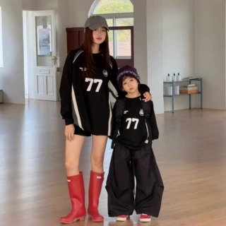 2026学院风拼色一家四口圆领数字外贸亲子长袖亲子装秋天母子母女