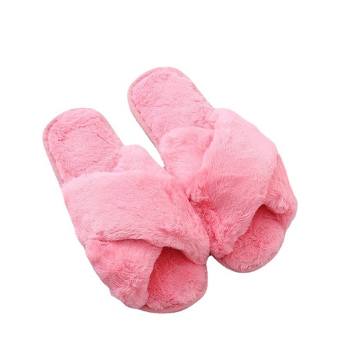 Cross-border large size 44-45 women's fluffy slippers 2024 autumn winter new flat home indoor crossed plush cotton slippers