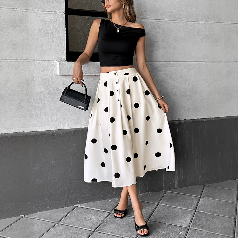 Cross-Border Foreign Trade 2026 Summer New White Umbrella Skirt European and American Polka Dot Skirt Elastic Retro Elegant A-Line Skirt