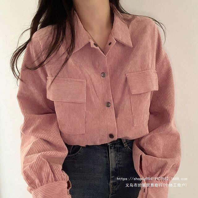 Korean style retro minimalist collared short drawstring long-sleeved corduroy loose-fitting coat for women