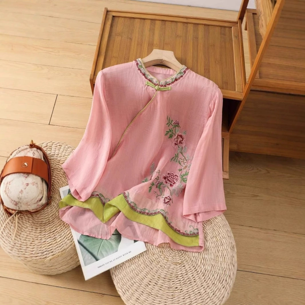 Рубашка-чонсам в китайском стиле с косым воротником и пуговицами, новая летняя хлопковая и льняная ретро-рубашка три четверти в национальном стиле с художественной вышивкой в ​​этническом стиле.