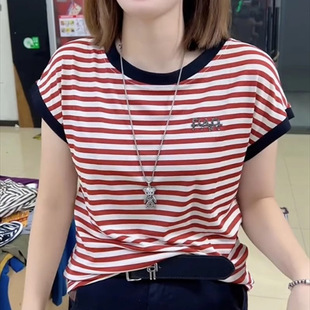 Summer Round Neck Striped Short-sleeved Casual Style Daily Breathable T-shirt Western Style Small Pullover Contrast Color Knitwear for Women